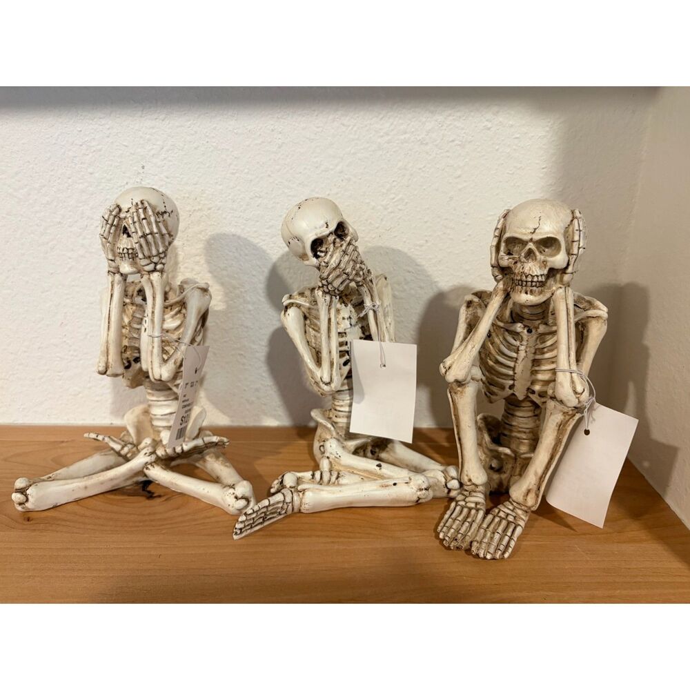 3 Piece Skeleton Figurine Set See Hear Speak No Evil Sitting Statues NWT
